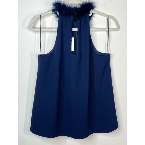Trina Turk Ink Blue Feather Trim Halter Top Size Small Elegant Party Blouse - Picture 5 of 12